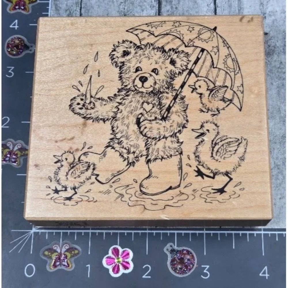 PSX Designs Teddy Bear Rain Ducks K2646 Rubber Stamp Wood #C13